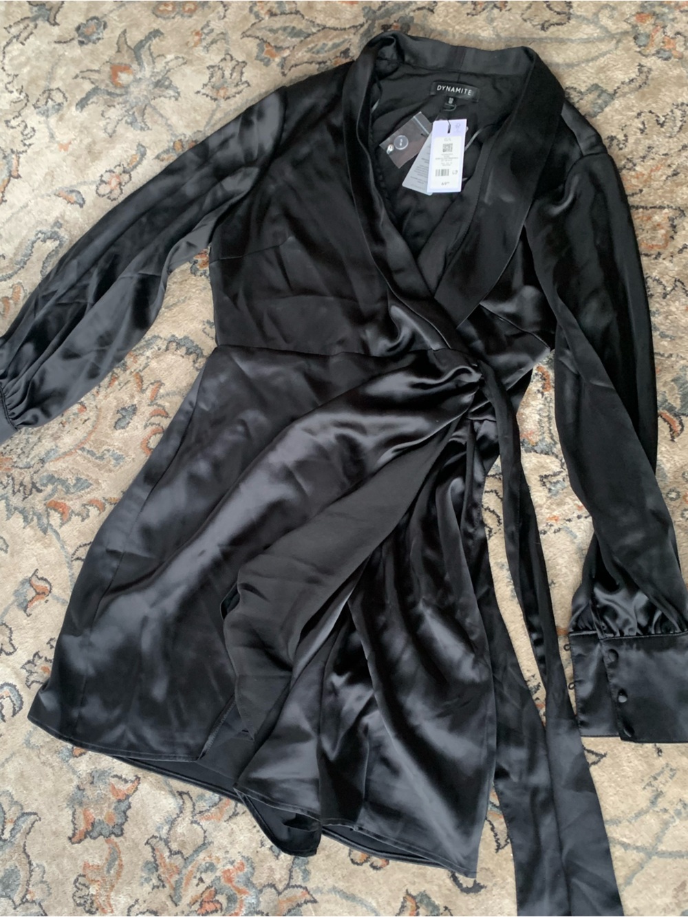 Dynamite Black Satin Wrap Dress with Tie
